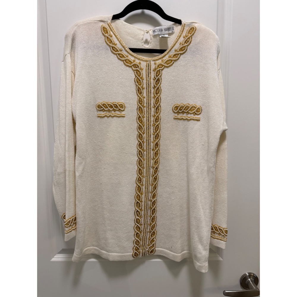 Victoria‎ Harbour Vintage Beaded Pearl Cream Gold Knit Sweater Top Womens Medium